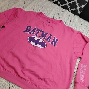 Rare Batman Logo Womens 2XL Pink Purple Six Flags Pullover Sweatshirt Sleeve Hit